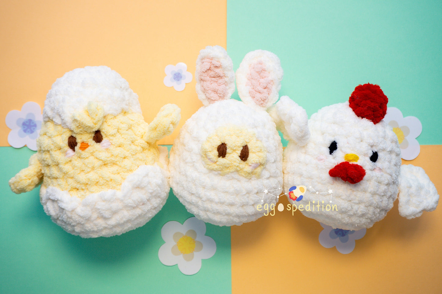 Spring Buddies Crocheted Amigurumi Soft Desk Buddy - Bunny Eggo Chicken Nugget Hatching Chick